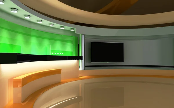 Televizní Studio. Studia. Ideální pozadí pro každou zelenou obrazovku nebo chroma klíčové video nebo fotografii výrobu. 3D vykreslování. 3D vizualizace — Stock fotografie