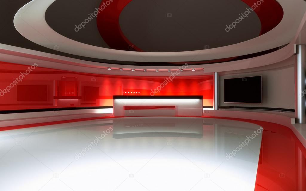 Tv Studio. News studio. Red studio. The perfect backdrop for any green screen or chroma key video or photo production. 3d render. 3d visualisation