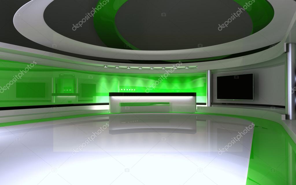Tv Studio. News studio. Green Studio. The perfect backdrop for any green screen or chroma key video or photo production. 3d render. 3d visualisation