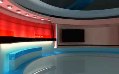 TV stüdyo. News stüdyo. Yeşil ekran veya chroma anahtar video veya fotoğraf üretimleri için mükemmel bir zemin. 3D render. 3D görüntüleme