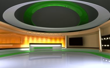 TV stüdyo. News stüdyo. Yeşil ekran veya chroma anahtar video veya fotoğraf üretimleri için mükemmel bir zemin. 3D render. 3D görüntüleme