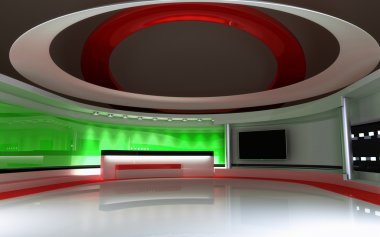TV stüdyo. News stüdyo. Yeşil ekran veya chroma anahtar video veya fotoğraf üretimleri için mükemmel bir zemin. 3D render. 3D görüntüleme