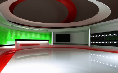 TV stüdyo. News stüdyo. Yeşil ekran veya chroma anahtar video veya fotoğraf üretimleri için mükemmel bir zemin. 3D render. 3D görüntüleme