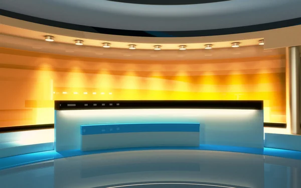 TV stüdyo. News stüdyo. Yeşil ekran veya chroma anahtar video veya fotoğraf üretimleri için mükemmel bir zemin. 3D render. 3D görüntüleme
