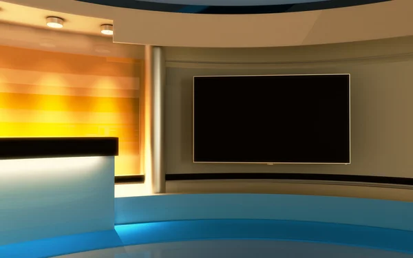 TV stüdyo. News stüdyo. Yeşil ekran veya chroma anahtar video veya fotoğraf üretimleri için mükemmel bir zemin. 3D render. 3D görüntüleme