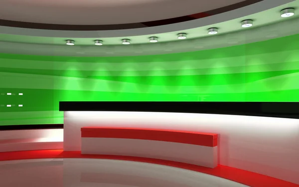 テレビ スタジオ。ニュース スタジオ。すべて緑画面またはクロマ キーのビデオや写真の生産に最適な背景。3 d のレンダリング。3次元可視化 — ストック写真