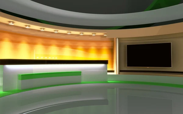 Tv Studio. Studio giornalistico. Lo sfondo perfetto per qualsiasi schermo verde o produzione di video o foto con chiave cromatica. Resa 3d. Visualizzazione 3d — Foto Stock