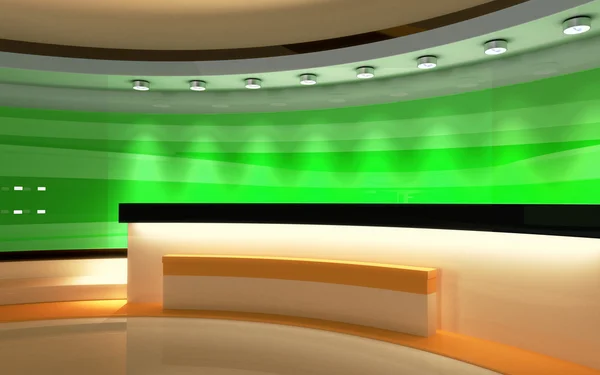 Tv Studio. Studio giornalistico. Lo sfondo perfetto per qualsiasi schermo verde o produzione di video o foto con chiave cromatica. Resa 3d. Visualizzazione 3d — Foto Stock
