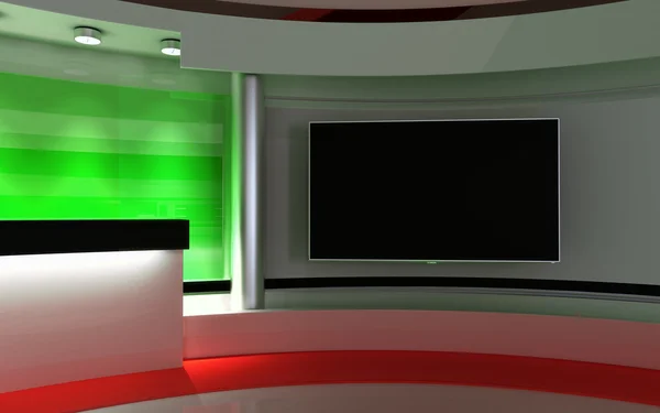 TV stüdyo. News stüdyo. Yeşil ekran veya chroma anahtar video veya fotoğraf üretimleri için mükemmel bir zemin. 3D render. 3D görüntüleme — Stok fotoğraf