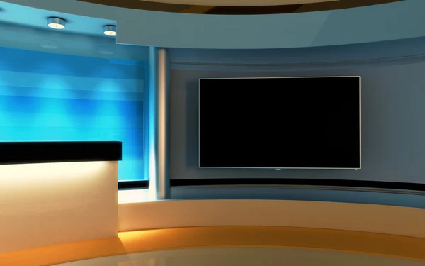 Estudio de TV. Estudio de noticias. El telón de fondo perfecto para cualquier pantalla verde o croma clave de vídeo o producción de fotos. 3D render. Visualización 3d —  Fotos de Stock