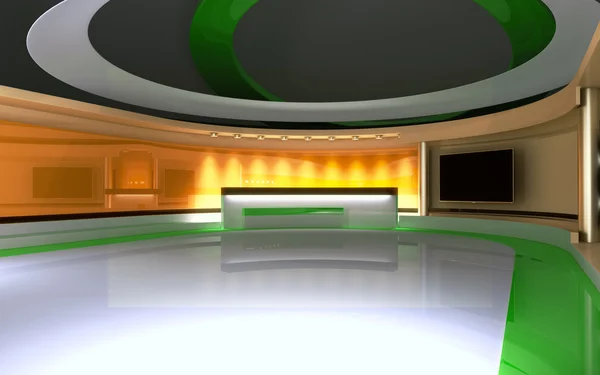 Tv Studio. Studio giornalistico. Lo sfondo perfetto per qualsiasi schermo verde o produzione di video o foto con chiave cromatica. Resa 3d. Visualizzazione 3d — Foto Stock