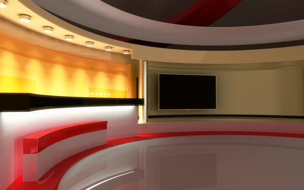 Estudio de TV. Estudio de noticias. El telón de fondo perfecto para cualquier pantalla verde o croma clave de vídeo o producción de fotos. 3D render. Visualización 3d —  Fotos de Stock