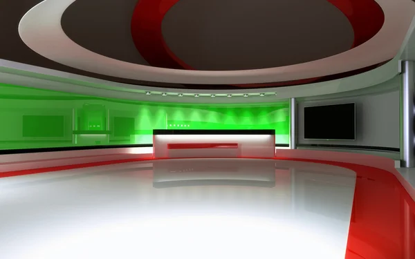 Estúdio de TV. Estúdio. O pano de fundo perfeito para qualquer tela verde ou croma produção de vídeo ou foto chave. Renderização 3d. Visualização 3d — Fotografia de Stock