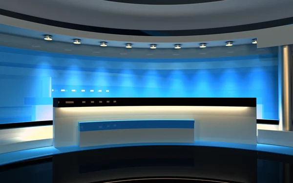 Mavi Studio. TV stüdyo. News stüdyo. Yeşil ekran veya chroma anahtar video veya fotoğraf üretimleri için mükemmel bir zemin. 3D render. 3D görüntüleme