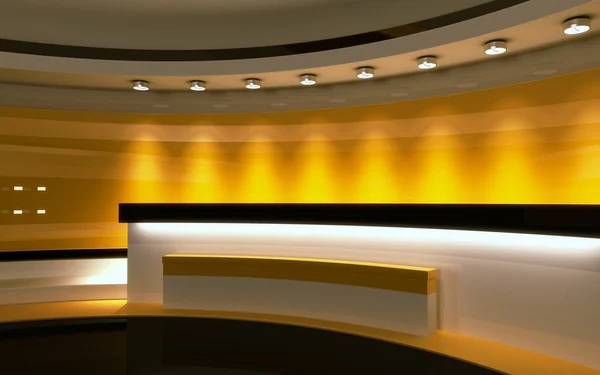 演播室。新闻工作室黄色工作室。任何绿屏或色度关键视频或照片制作的完美背景。3d 渲染。3d 可视化 — 图库照片