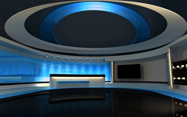 Televizyon stüdyosu. Haber stüdyosu. Sarı stüdyo. Herhangi bir yeşil ekran veya renk anahtarı video veya fotoğraf üretimi için mükemmel bir zemin. 3d render. 3d görselleştirme