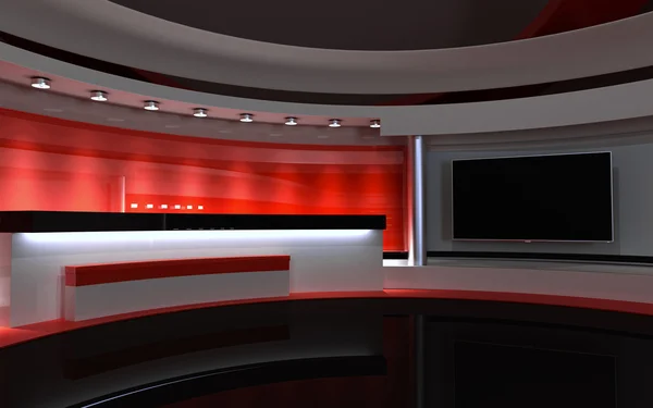 Televizyon stüdyosu. Haber stüdyosu. Kırmızı stüdyo. Herhangi bir yeşil ekran veya renk anahtarı video veya fotoğraf üretimi için mükemmel bir zemin. 3d render. 3d görselleştirme