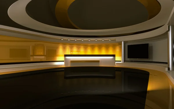 TV-Studio. News Studio. Yellow Studio. Den perfekta bakgrunden för alla gröna skärmen eller Chroma nyckel video eller foto produktion. 3D-rendering. 3D-visualisering — Stockfoto