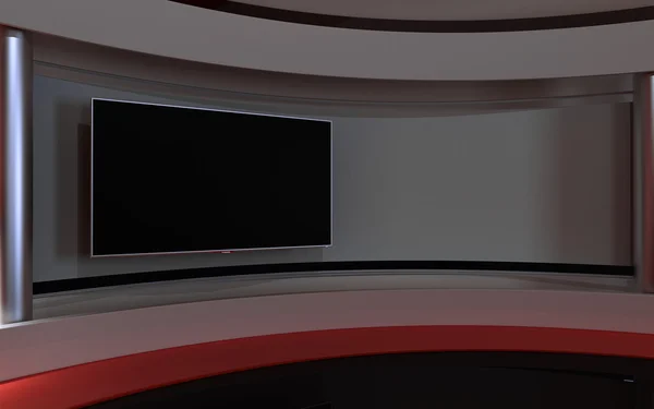 テレビスタジオ。ニューススタジオ。赤いスタジオ任意のグリーンスクリーンやクロマキービデオや写真制作のための完璧な背景。3D レンダリング。3Dビジュアライゼーション — ストック写真