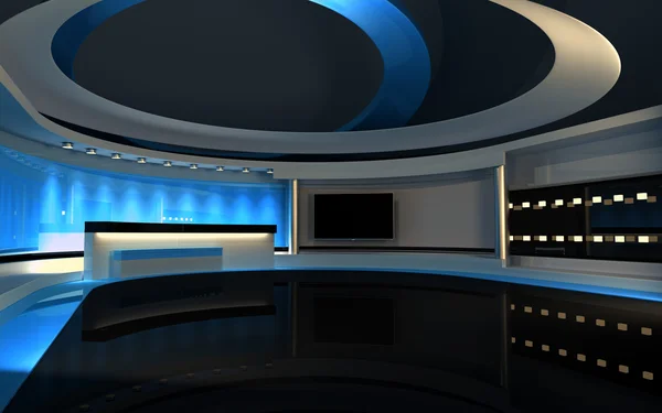 Estúdio azul. Estúdio de TV. Estúdio. O pano de fundo perfeito para qualquer tela verde ou croma produção de vídeo ou foto chave. Renderização 3d. Visualização 3d — Fotografia de Stock