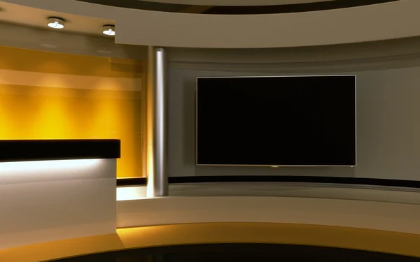 Студия телевидения. Студия новостей. Желтая студия. Идеальный фон для любого зеленого экрана или хрома ключевых видео или фотопродукции. 3d render. Трехмерная визуализация — стоковое фото