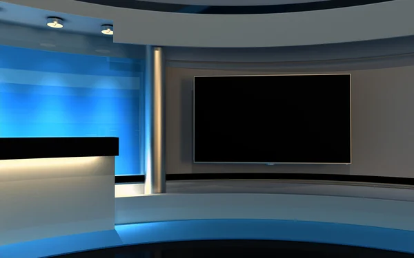 Estudio azul. Estudio de TV. Estudio de noticias. El telón de fondo perfecto para cualquier pantalla verde o croma clave de vídeo o producción de fotos. 3D render. Visualización 3d — Foto de Stock