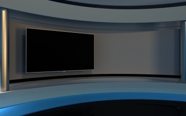 Mavi Studio. TV stüdyo. News stüdyo. Yeşil ekran veya chroma anahtar video veya fotoğraf üretimleri için mükemmel bir zemin. 3D render. 3D görüntüleme