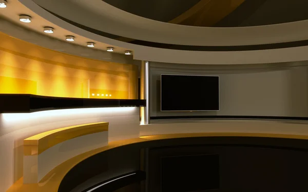 Студия телевидения. Студия новостей. Желтая студия. Идеальный фон для любого зеленого экрана или хрома ключевых видео или фотопродукции. 3d render. Трехмерная визуализация — стоковое фото
