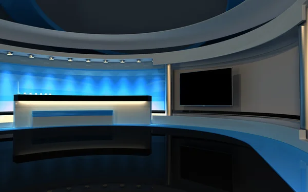 Mavi Studio. TV stüdyo. News stüdyo. Yeşil ekran veya chroma anahtar video veya fotoğraf üretimleri için mükemmel bir zemin. 3D render. 3D görüntüleme
