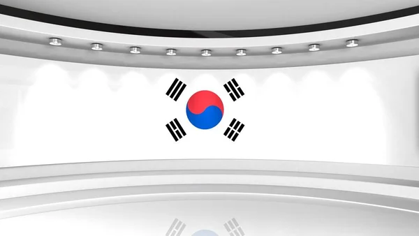 TV studio. South Korean flag studio. South Korean flag flag background. News studio. Backdrop for any green screen or chroma key video or photo production. 3d render. 3