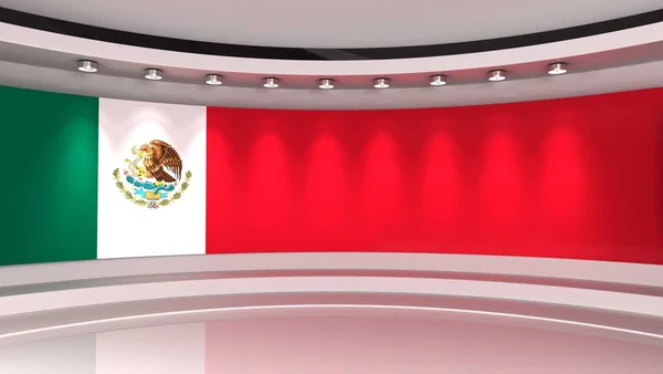 TV studio. Mexican flag studio. Mexican flag background. News studio. The perfect backdrop for any green screen or chroma key video or photo production. 3d render. 3