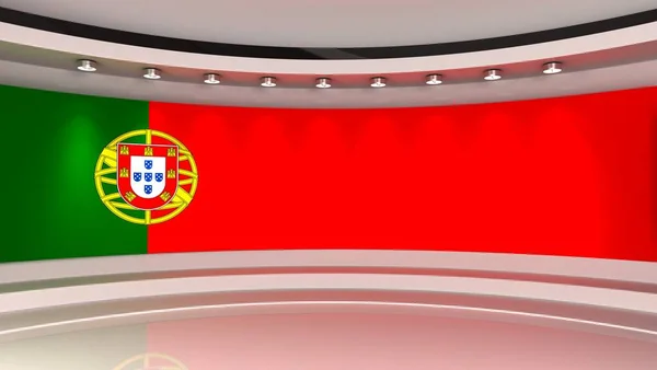 テレビスタジオ ポルトガルだ ポルトガル国旗スタジオ ポルトガルの国旗の背景 ニューススタジオ 緑の画面やクロマキービデオや写真の生産のための完璧な背景 3Dレンダリング — ストック写真