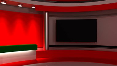 Televizyon stüdyosu. Portekiz. Portekiz bayrağı. Haber stüdyosu. Herhangi bir yeşil ekran veya krom anahtar video prodüksiyonu için arka plan. 3 boyutlu görüntüleme. 3d 