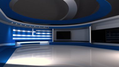 Televizyon stüdyosu. Yunanistan. Yunan bayrak stüdyosu. Yunan bayrağı arka planı. Haber stüdyosu. Herhangi bir yeşil ekran, krom anahtar video veya fotoğraf çekimi için mükemmel bir zemin. 3 boyutlu görüntüleme. 3