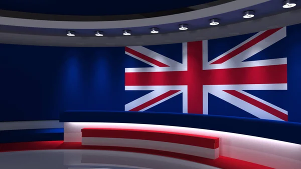 TV studio. United Kingdom. Great Britain. Britich flag. News studio. Background for any green screen or chroma key video production. 3d render. 3d