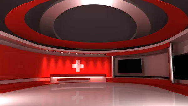 TV studio. Switzerland. Swiss flag. News studio. Background for any green screen or chroma key video production. 3d render. 3d