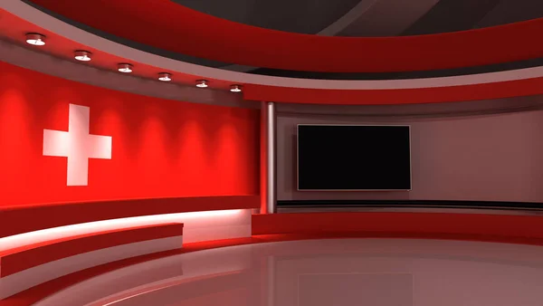 TV studio. Switzerland. Swiss flag. News studio. Background for any green screen or chroma key video production. 3d render. 3d