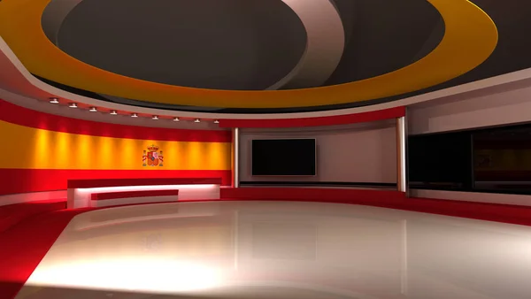 TV studio. Switzerland. Swiss flag. News studio. Background for any green screen or chroma key video production. 3d render. 3d