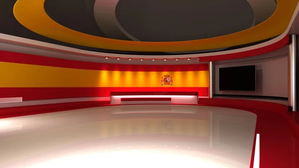 TV studio. Switzerland. Swiss flag. News studio. Background for any green screen or chroma key video production. 3d render. 3d