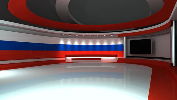 テレビスタジオ ロシアだ ロシア国旗 ニューススタジオ 緑色の画面またはクロマキービデオ制作の背景 3Dレンダリング — ストック写真