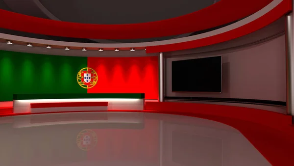 テレビスタジオ ポルトガルだ ポルトガル国旗 ニューススタジオ 緑色の画面またはクロマキービデオ制作の背景 3Dレンダリング — ストック写真