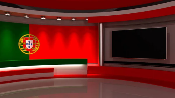 テレビスタジオ ポルトガルだ ポルトガル国旗 ニューススタジオ 緑色の画面またはクロマキービデオ制作の背景 3Dレンダリング — ストック写真