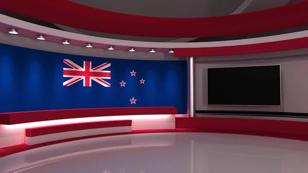 TV studio. New Zealand flag. News studio. The perfect backdrop for any green screen or chroma key video production. 3d render. 3d