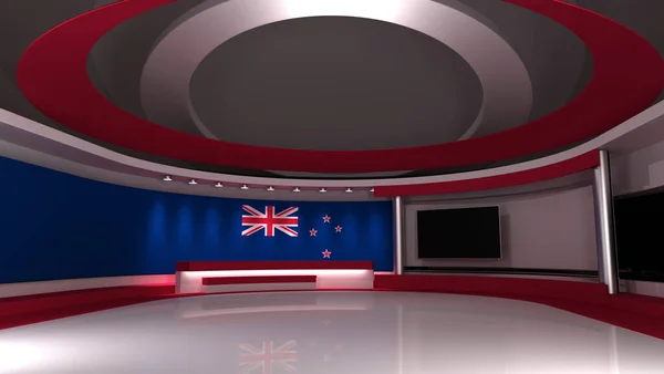 TV studio. New Zealand flag. News studio. The perfect backdrop for any green screen or chroma key video production. 3d render. 3d