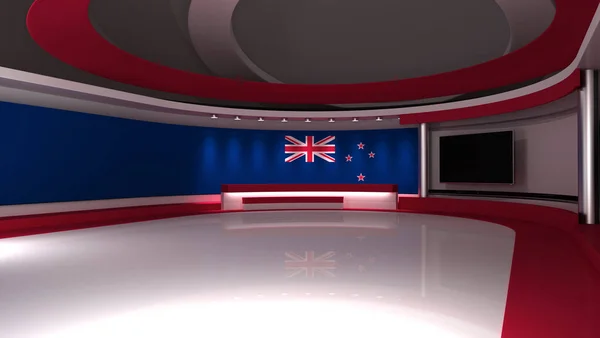 电视演播室新西兰国旗 新闻演播室任何绿色屏幕或彩色键视频制作的完美背景 3D渲染 — 图库照片