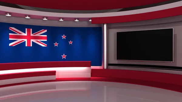 TV studio. New Zealand flag. News studio. The perfect backdrop for any green screen or chroma key video production. 3d render. 3d