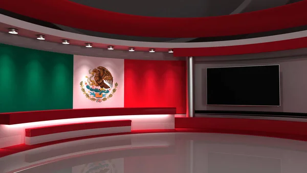 TV studio. Mexico flag background. Mexico flag studio. News studio. The perfect backdrop for any green screen or chroma key video or photo production. 3d render. 3d