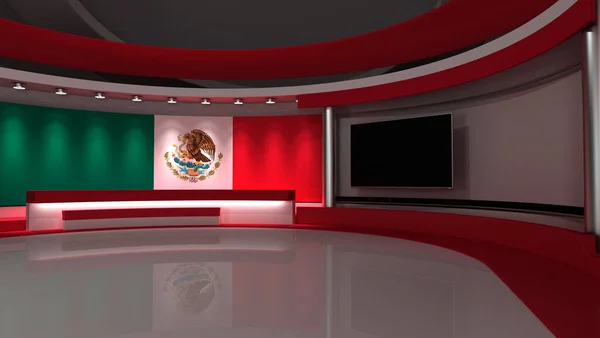 TV studio. Mexico flag background. Mexico flag studio. News studio. The perfect backdrop for any green screen or chroma key video or photo production. 3d render. 3d