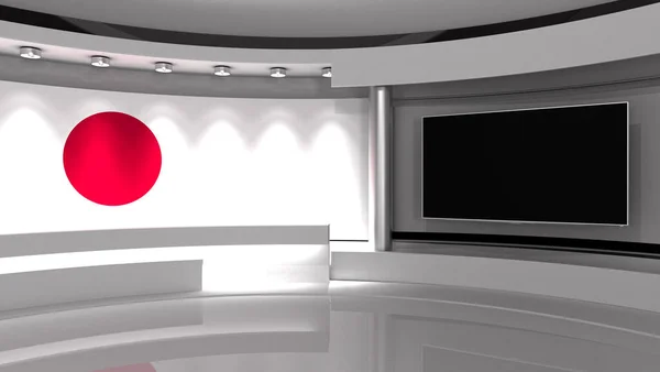 TV studio. Japan. Japanese flag studio. Japanese flag background. News studio. The perfect backdrop for any green screen or chroma key video or photo production. 3d render. 3