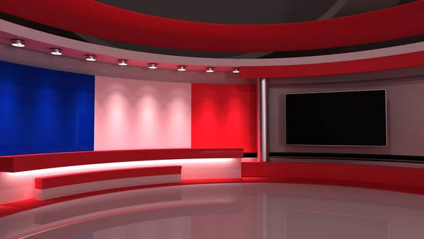 TV studio. French flag background. News studio. Background for any green screen or chroma key video production. 3d render. 3d